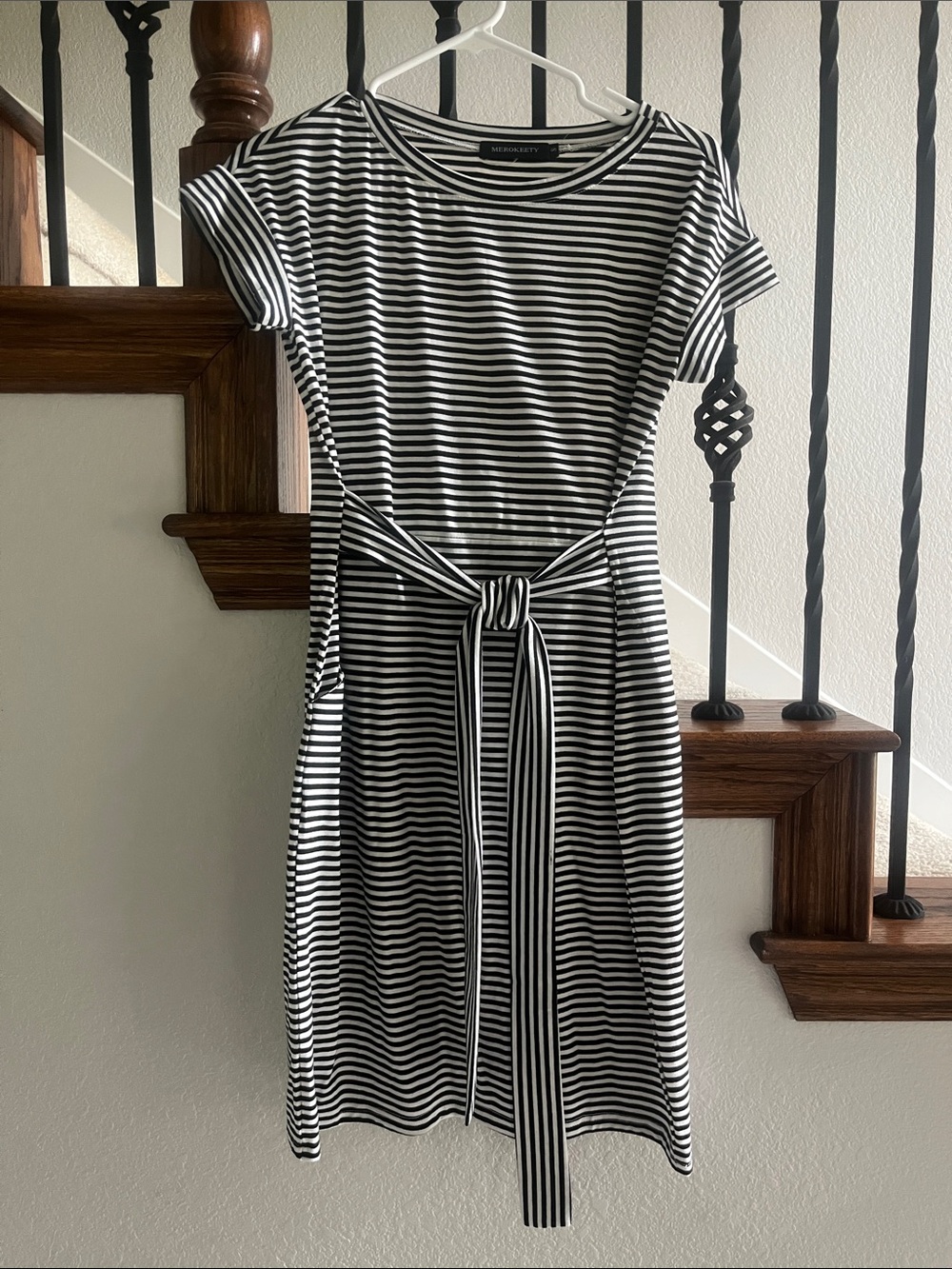 Black & White Striped Tie-Belt Midi Dress by Megadotty